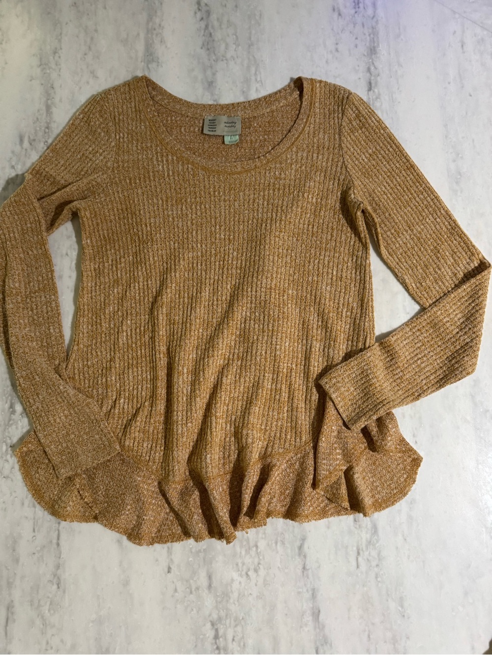 Anthropologie Saturday Sunday Ribbed Long-Sleeve Ruffle Back Mustard Yellow Top